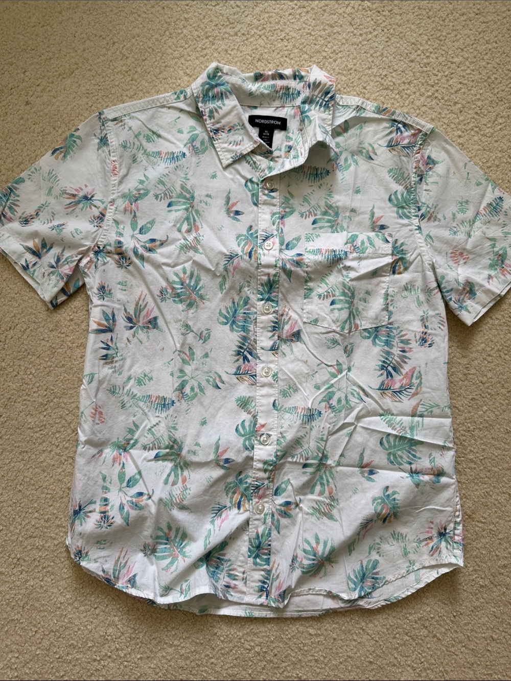 Boys Nordstrom Short-Sleeve Button-Down Shirt - White with Green and Pink Print
